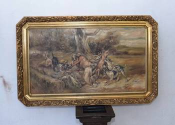 J. Fałat - Atak Psów na Jelenia - Łoś Jeleń - Natura - Stary Obraz Olejny