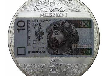 Olbrzym Gigant Moneta Medal Banknot Mieszko 10 zł Srebro