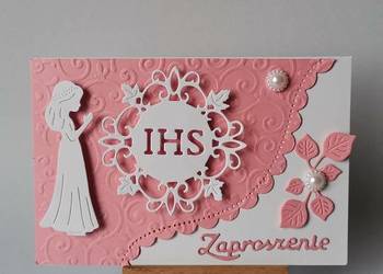 ZAPROSZENIA KOMUNIA DZIEWCZYNKA IHS Z KORONKĄ – K3 – RÓŻ - BIEL