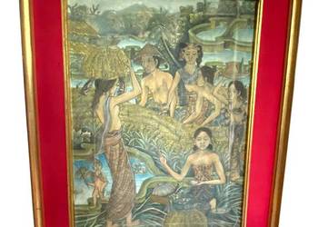 Obraz na tkaninie, scena rodzajowa, sztukowa ludowa Indonezji, sygnowany