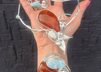 Komplet Artystyczny srebro 925 bursztyn bałtycki Larimar rękodzieło