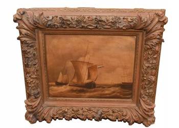 Okręty Na Wzburzonym Morzu - Marynistyczny Obraz Olejny - Zdobiona Rama