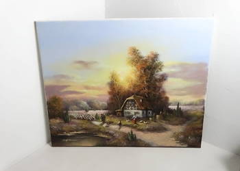 Oryginalny obraz olejny sielski pejzaż owce dom 50x60 R. Hoffmann 2007