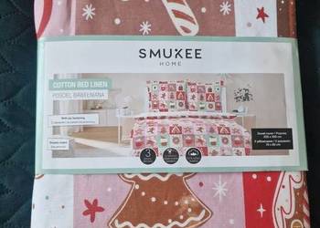 NOWA Pościel świąteczna 220x200 cm bawełniana, różowe domki, Smukee