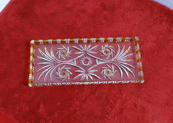 Duża szklana patera retro 34 cm | Bursztynowy rant | Art Deco / PRL