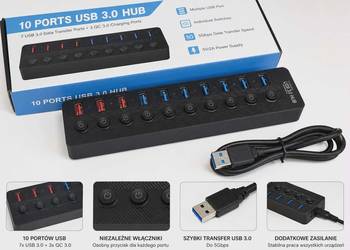USB HUB 3.0 10 portów + włączniki | szybki transfer 5Gb/s | zasilany