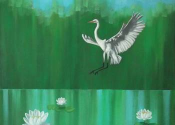 Promocja ! obraz olejny 50 x 50cm  czapla  ptaki pejzaż