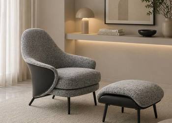 Designerski Fotel Tapicerowany LINEA z Podnóżkiem Czarne Nogi Nowoczesny