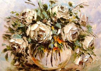 Kowalik - Białe róże - 50x40cm Obraz Olejny Szpachelka Kwiaty Bukiet