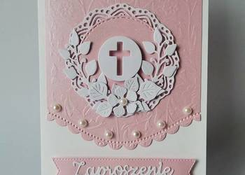 ZAPROSZENIA KOMUNIA DZIEWCZYNKA KRZYŻ W ŁUKU B6 – RÓŻ PERŁOWY  – BIEL