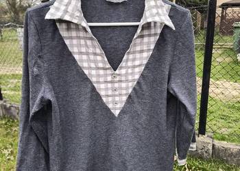 Grey Layered Look Blouse with Checkered Collar