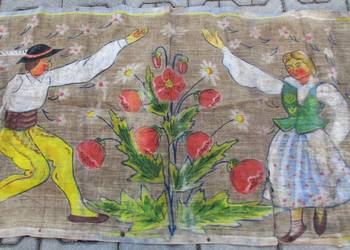 Stara Makata Tapiseria na Lnianym Szarym Płótnie PRL 70x195 cm Stara Makata Tapiseria na Lnianym Szarym Płótnie PRL 70x195 cm