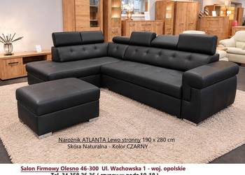 Nowy Narożnik 190 x 280 cm Atlanta / Skóra Naturalna - Kolor CZARNY