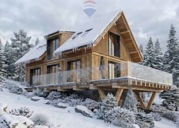 Dom jednorodziny z wiatą w otoczeniu lasu i potoku