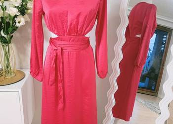 Reserved sukienka midi róż / fuksja wiązana elegancka rozcięcia w pasie S/M
