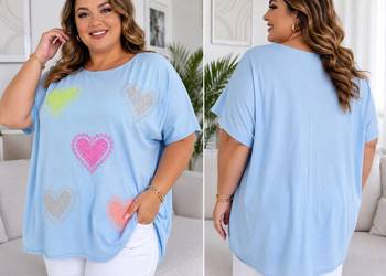 Bluzka damska plus size biust 180 cm oversize serca cekiny błękitna