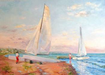 Obraz olejny 50x70 – Sopot, jachtklub o zmierzchu, marynistyka, łodzie, ręc
