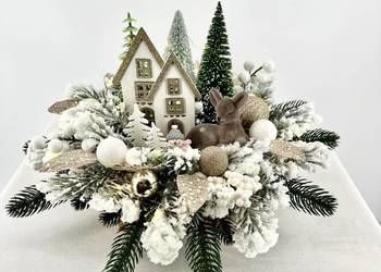 Świąteczny stroik LED zimowa wioska domek sarenka ręcznie robiony dekoracja