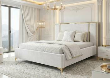 Beżowe łóżko złote 140x200 + pojemnik + stelaż GOLD BLACK Złota rama