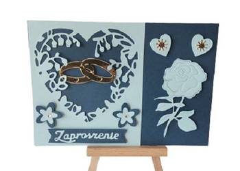 Zaproszenia Ślub Obrączki W Sercu Koronka B6 Granat - Błękit - Złoto