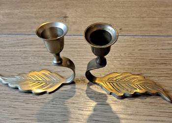 Zestaw 2 mosiężnych świeczników vintage – liść