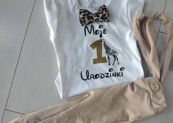 Beżowy komplet Moje 1 urodzinki żyrafa