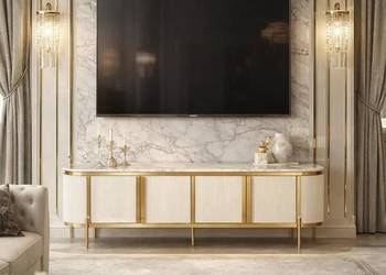 Szafka RTV złota kremowa Omega z blatem marmurowym 200x40x60