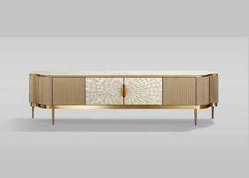 Ryflowana szafka RTV złota Champion Glamour Premium z muszelkami z blatem…