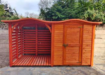 Domek narzędziowy drewniany z drewutnią 4 x 1,5 z dachem falowym