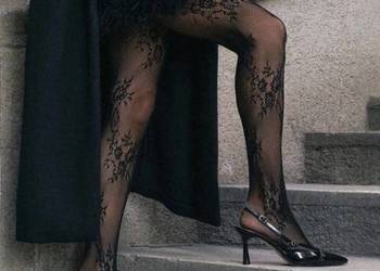 Rajstopy kabaretki koronkowe czarne kwiatki liście