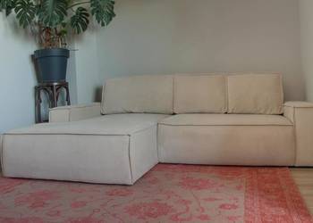 Kanapa narożnik sztruksowy rozkładany beżowy do salonu
