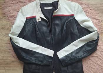 Świetna kurtka skórzana skóra naturalna czarno-biała biker 38