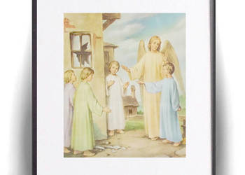 retro obrazek religijny, vintage obrazek z aniołem i dziećmi plakat A4 reli