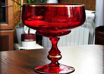 Patera Bomboniera kryształowe czerwone szkło zdobione złotem lat 60-70' PRL