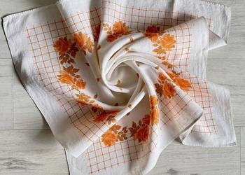 Obrus w kwiaty len 80x70 cm duży biały pomarańczowy