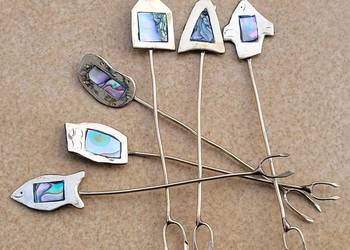 Zabytkowy zestaw widelczyków do koktajli Meksyk alpaka inkrustowanych muszl