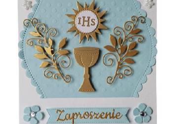 Zaproszenia Komunia Chłopiec Kielich Ihs Słoneczko – K4 – Błękit – Biel