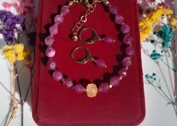 Bransoletka z kamienia naturalnego różowy Turmalin, cytryn, hemaryt.