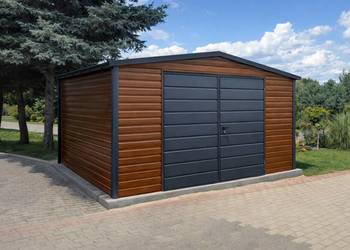 Garaż Blaszany dwuspadowy 4x5 Złoty Dąb + Ciemny Grafit Brama dwuskrzydłowa