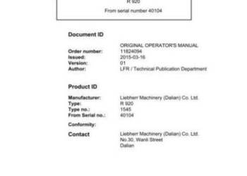 Liebherr R920 instrukcja obsługi DTR Liebherr R920 instrukcja obsługi DTR