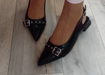 (42) Czarne baleriny czółenka wieczorowe z odkrytą piętą, NOWE