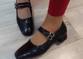 (41/42) Czarne, teksturowane czółenka wieczorowe z zapięciem, NOWE