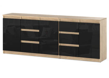Komoda Do Salonu 6 Szuflad 200cm Nowoczesna Salon Dąb Sonoma Czarny Połysk