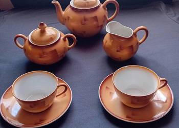 Herbaciany porcelanowy komplecik dla 2 osób art deco, zdobienia Spritzdekor