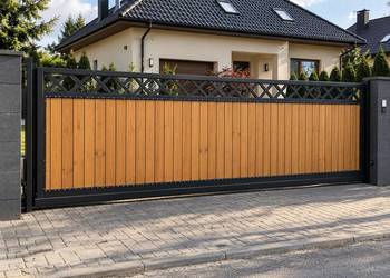 Brama wjazdowa przesuwna drewno / metal kuta / kowalstwo art