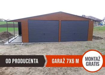 Garaż w kolorze Złoty Dąb z zadaszeniem obok garażu - GrzywStal A15v6