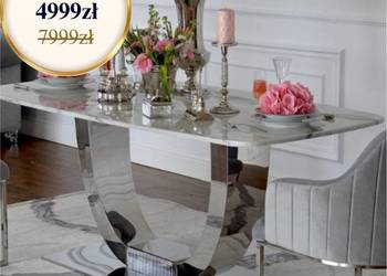 Stół glamour srebrny z marmurowym białym blatem, do jadalni, nowoczesny