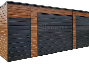 Garaż blaszany 7,5x5,5 - 2x brama - drzwi drewnopodobny Dach ST166