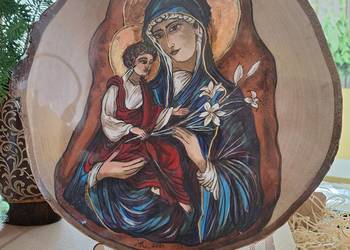 Obraz malowany ręcznie na plastrze brzozy Maryja z dzieciątkiem