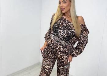 Komplet damski Paparazzi Fashion panterka bluza spodnie dresowe cekiny glam